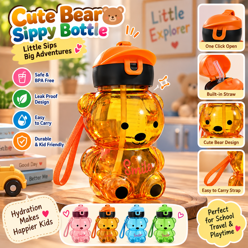 Bear Shaped Kids Water Bottle With Straw 750ml Sipper