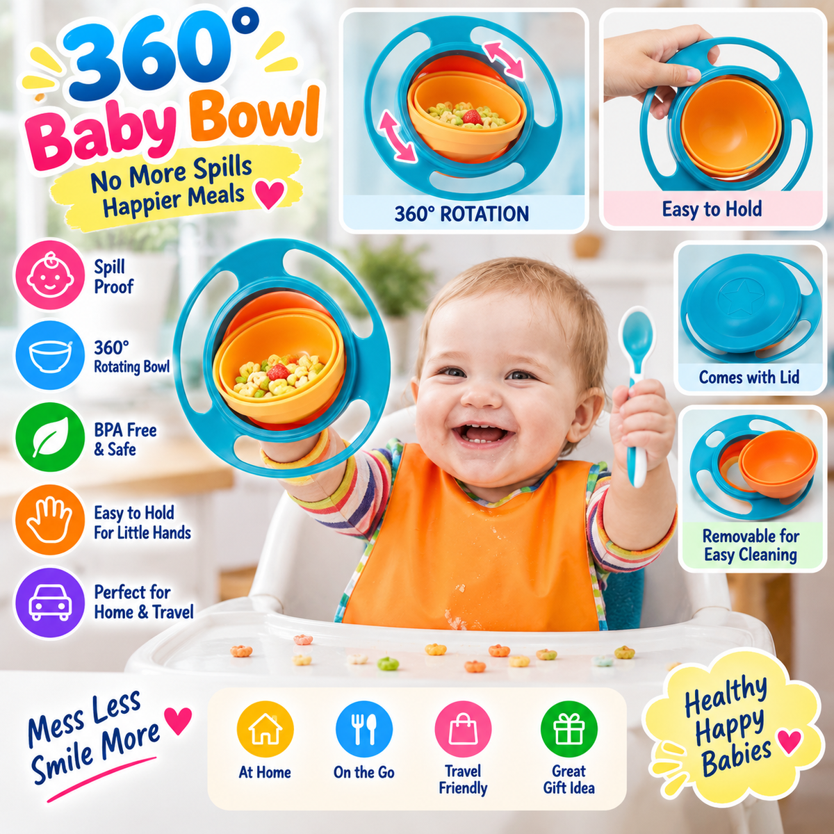 360° Rotating Gyro Bowl Spill Resistant Kids Feeding Bowl