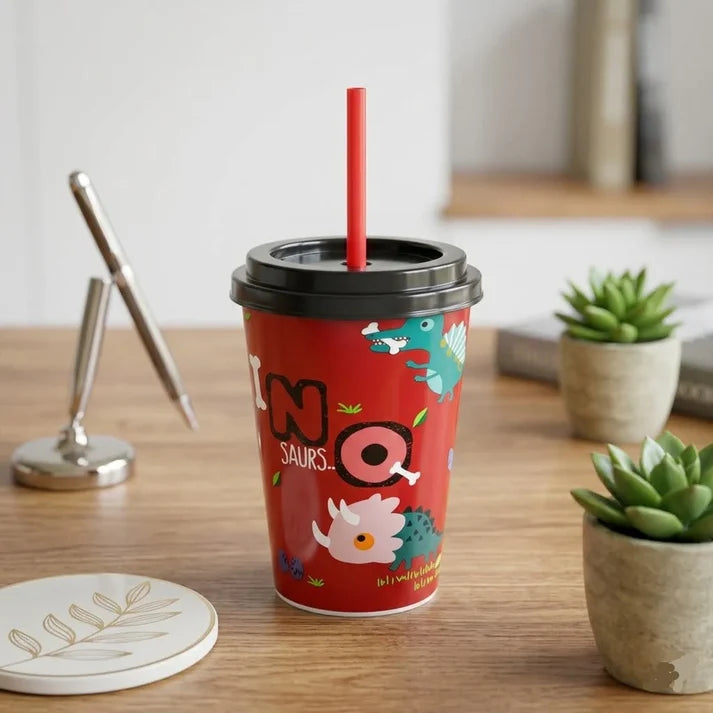 Kids Cartoon Sipper Cup Printed Cup With Lid & Straw