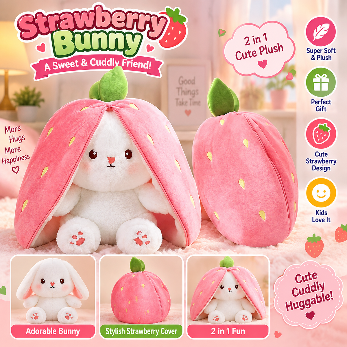 Cute Strawberry Bunny Plush – Soft Stuffed Toy for Kids