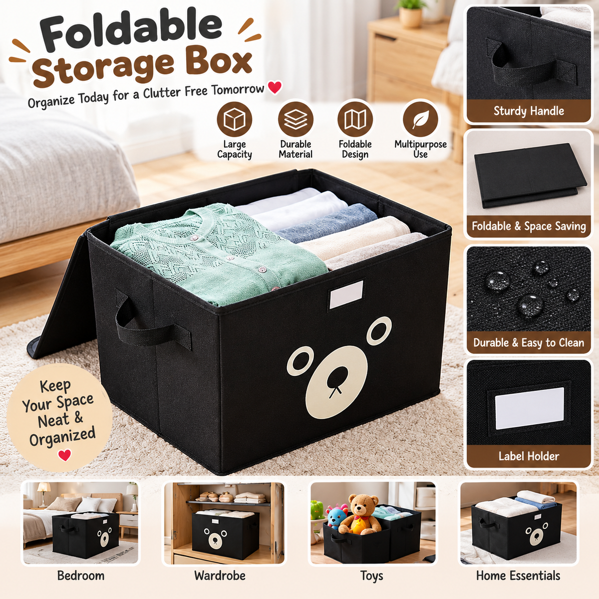 Panda Cartoon Storage Boxes – 3Pcs Foldable Organizer Set