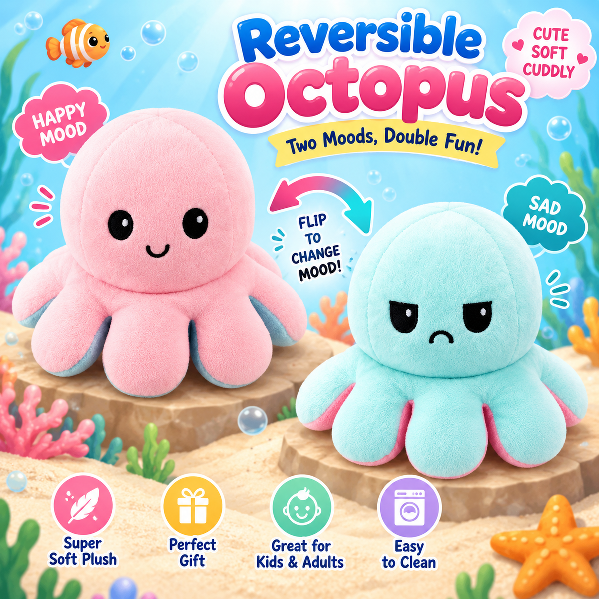 Reversible Octopus Stuffed Toy – Soft Cute Plush for Kids