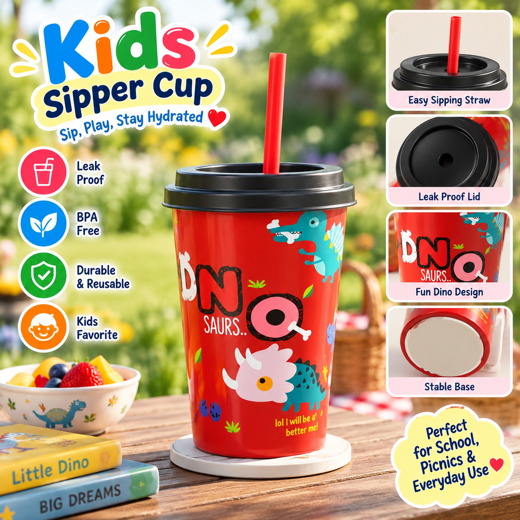 Kids Cartoon Sipper Cup Printed Cup With Lid & Straw