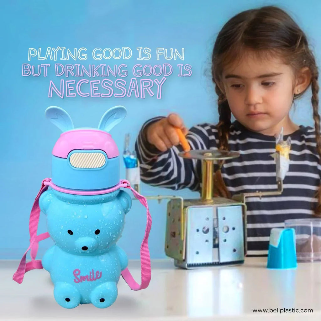Cute Bear Design Water Bottle With Straw Reusable Sipper