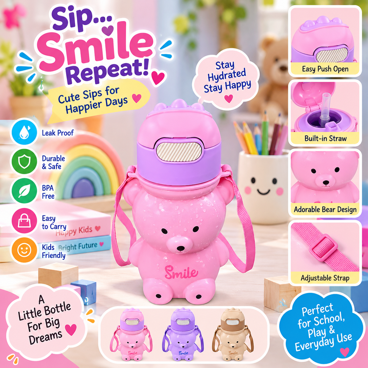 Cute Bear Design Water Bottle With Straw Reusable Sipper